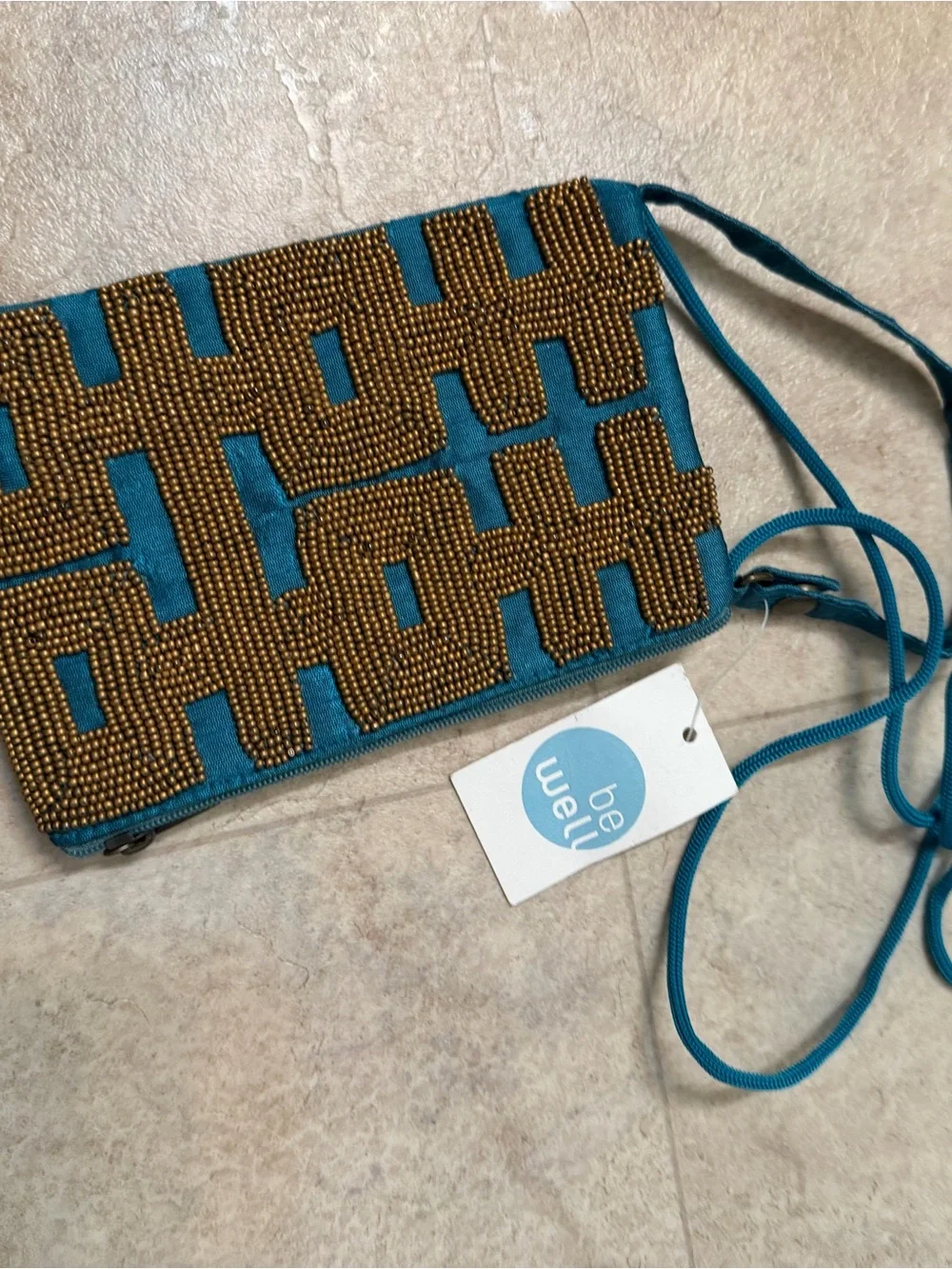 Bamboo company Happiness Teal Beaded Wristlet Clutch with Gold Accents Club Bag